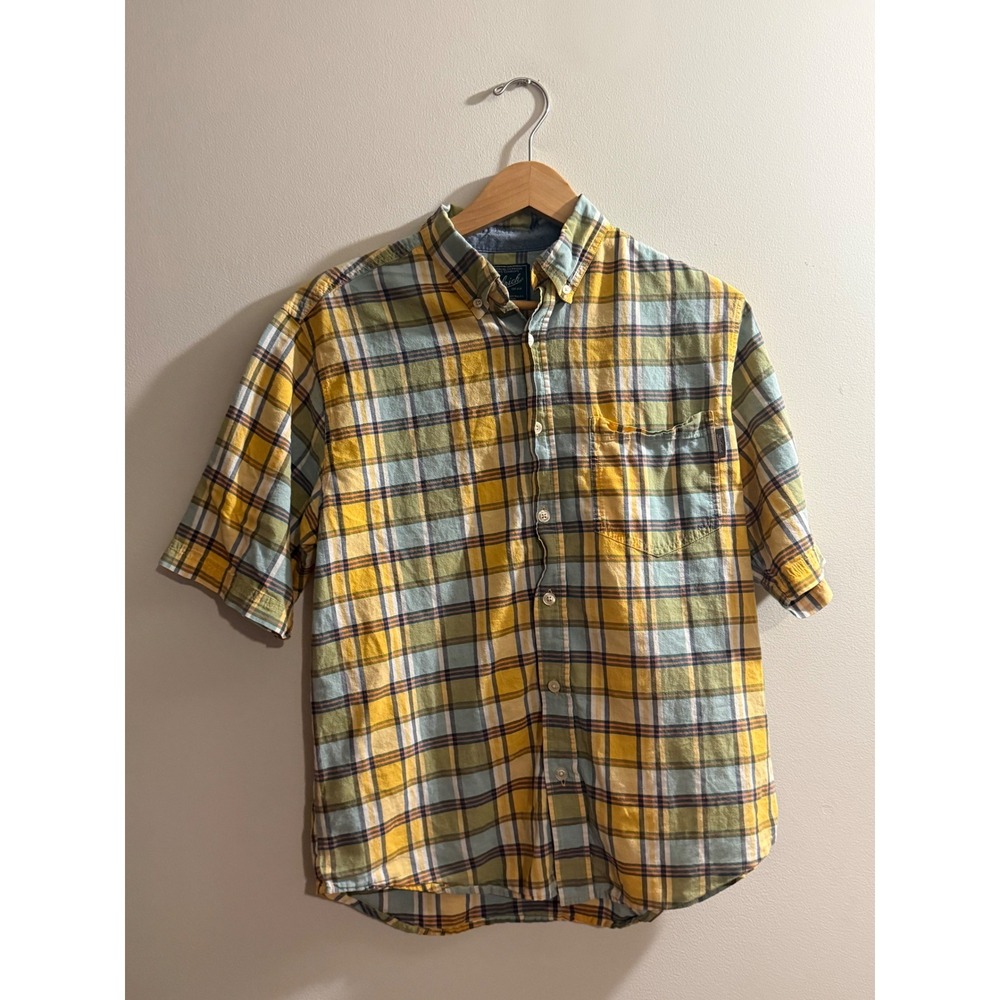 Woolrich Mens Medium Yellow Blue Plaid Short Sleeve Button Down Shirt Y2K